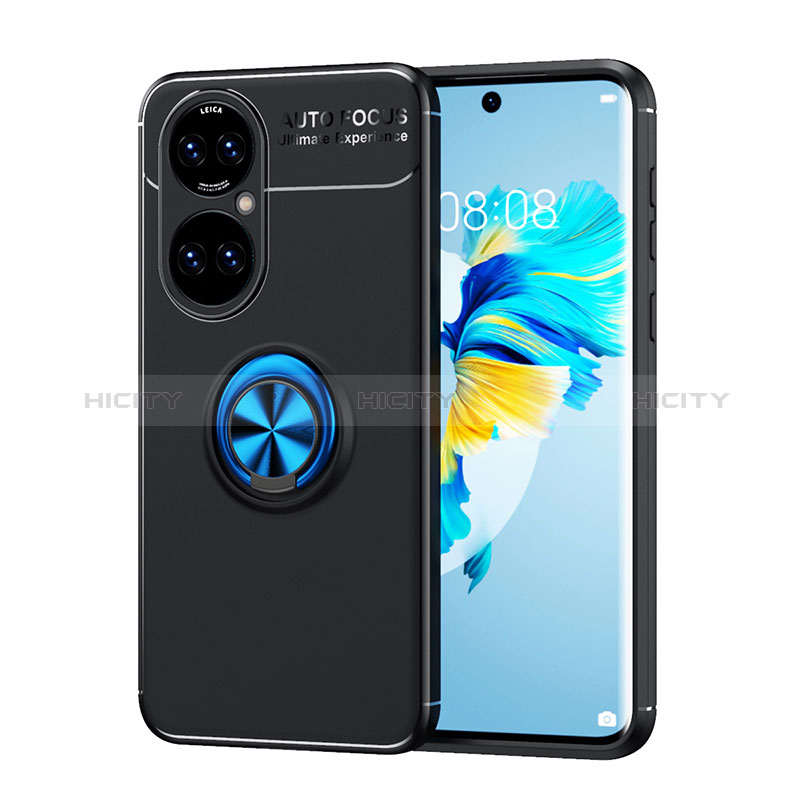 Custodia Silicone Ultra Sottile Morbida Cover con Magnetico Anello Supporto SD1 per Huawei P50 Pro Blu e Nero