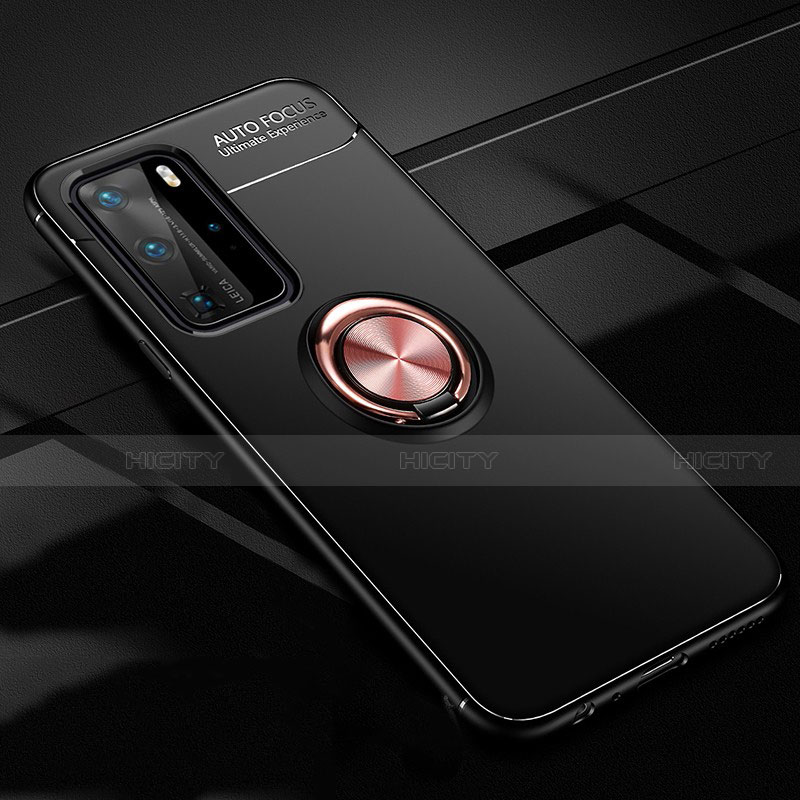 Custodia Silicone Ultra Sottile Morbida Cover con Magnetico Anello Supporto T01 per Huawei P40 Pro Oro e Nero