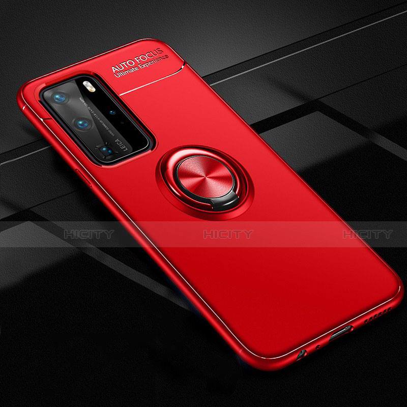 Custodia Silicone Ultra Sottile Morbida Cover con Magnetico Anello Supporto T01 per Huawei P40 Pro Rosso