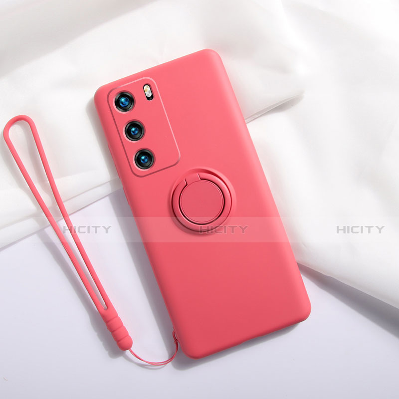 Custodia Silicone Ultra Sottile Morbida Cover con Magnetico Anello Supporto T01 per Huawei P40 Rosso