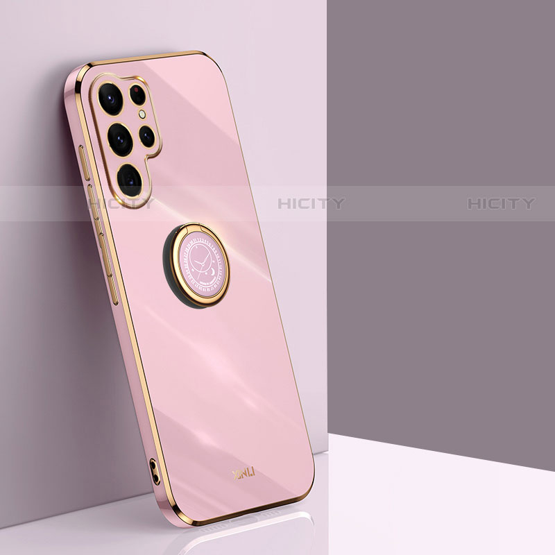 Custodia Silicone Ultra Sottile Morbida Cover con Magnetico Anello Supporto T01 per Samsung Galaxy S22 Ultra 5G Oro Rosa