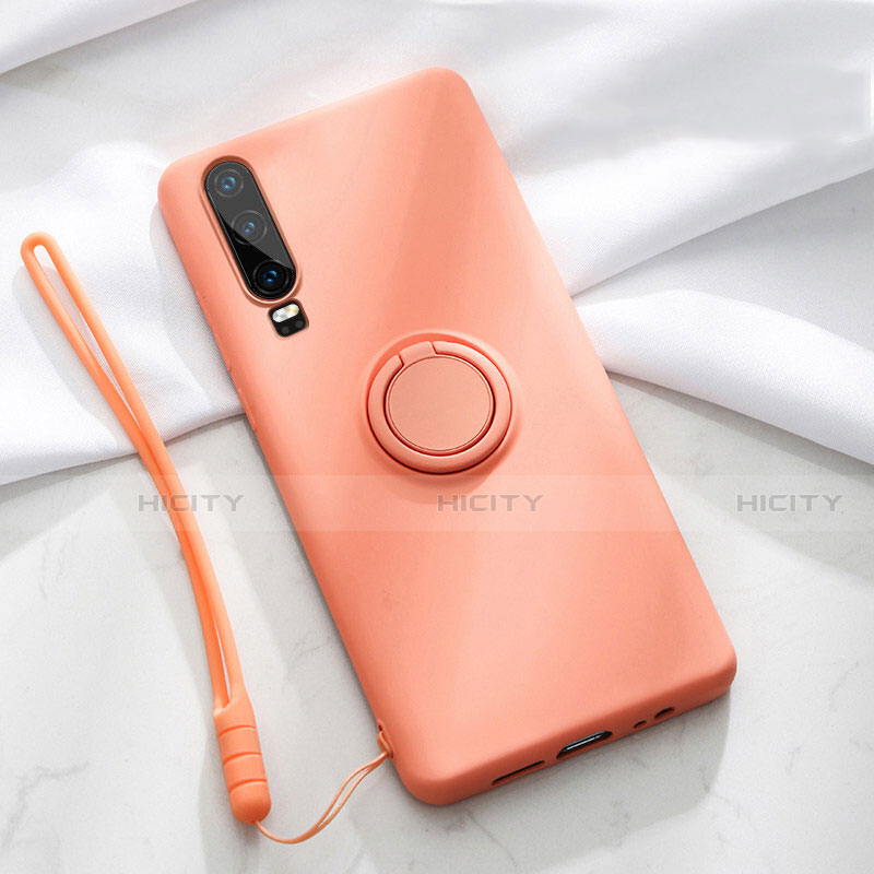 Custodia Silicone Ultra Sottile Morbida Cover con Magnetico Anello Supporto T02 per Huawei P30 Arancione