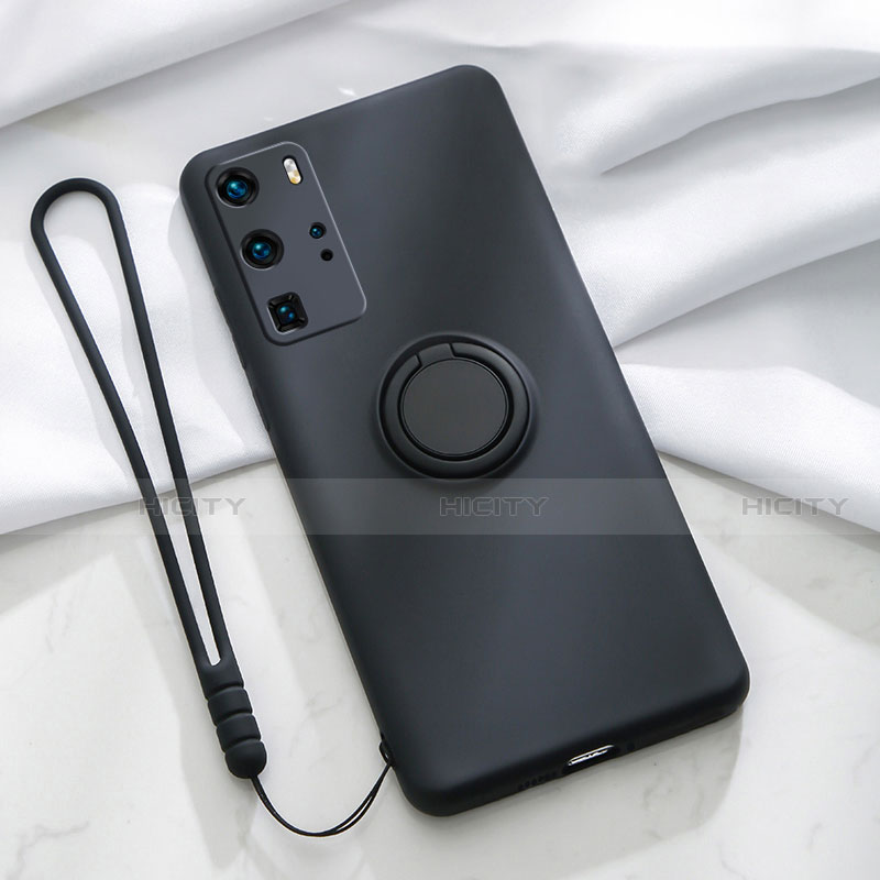 Custodia Silicone Ultra Sottile Morbida Cover con Magnetico Anello Supporto T02 per Huawei P40 Pro Nero