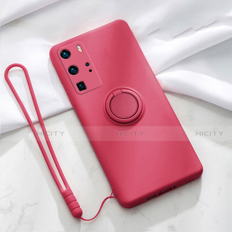 Custodia Silicone Ultra Sottile Morbida Cover con Magnetico Anello Supporto T02 per Huawei P40 Pro Rosso Rosa