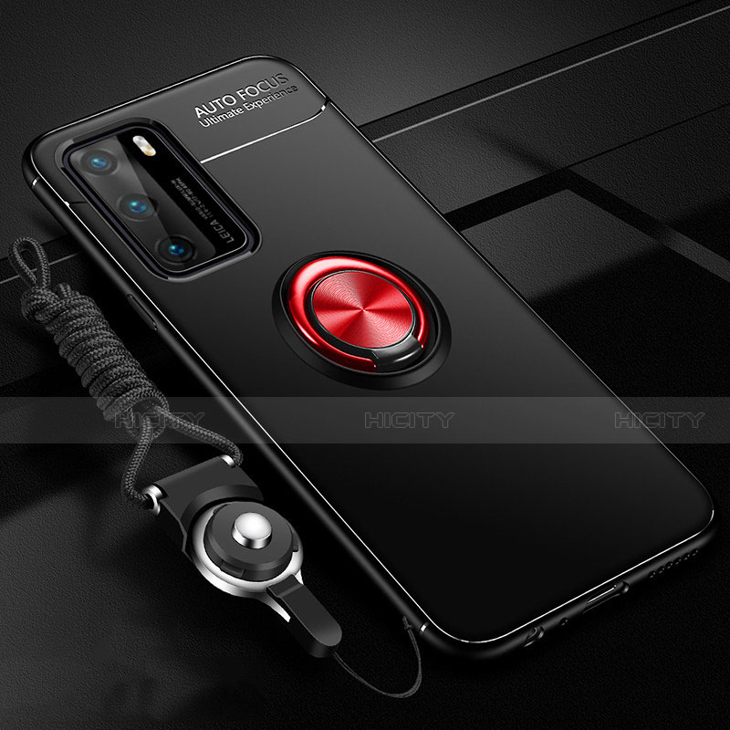 Custodia Silicone Ultra Sottile Morbida Cover con Magnetico Anello Supporto T02 per Huawei P40 Rosso e Nero