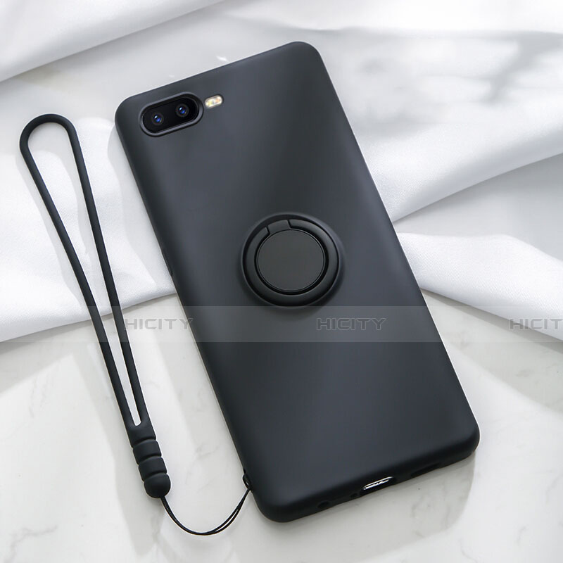 Custodia Silicone Ultra Sottile Morbida Cover con Magnetico Anello Supporto T02 per Oppo K1 Nero