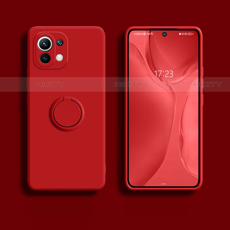 Custodia Silicone Ultra Sottile Morbida Cover con Magnetico Anello Supporto T02 per Xiaomi Mi 11 Lite 4G Rosso