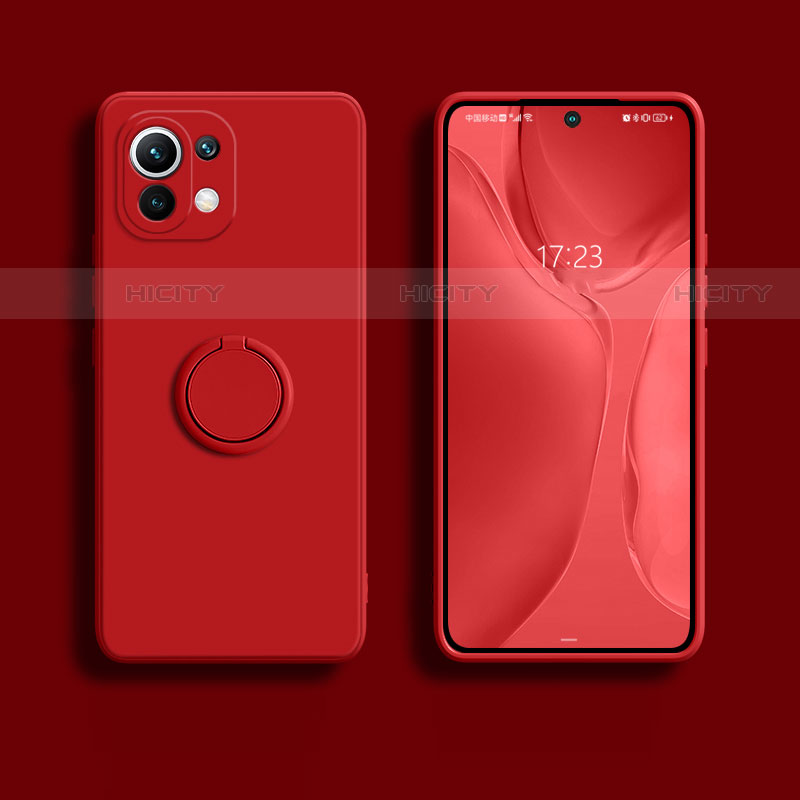 Custodia Silicone Ultra Sottile Morbida Cover con Magnetico Anello Supporto T02 per Xiaomi Mi 11 Lite 5G Rosso