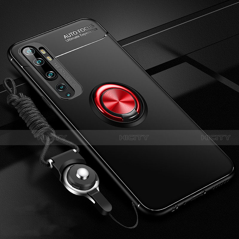 Custodia Silicone Ultra Sottile Morbida Cover con Magnetico Anello Supporto T02 per Xiaomi Mi Note 10 Pro Rosso e Nero