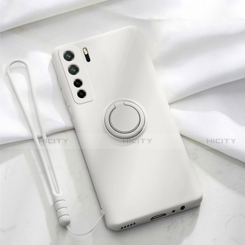 Custodia Silicone Ultra Sottile Morbida Cover con Magnetico Anello Supporto T03 per Huawei P40 Lite 5G Bianco