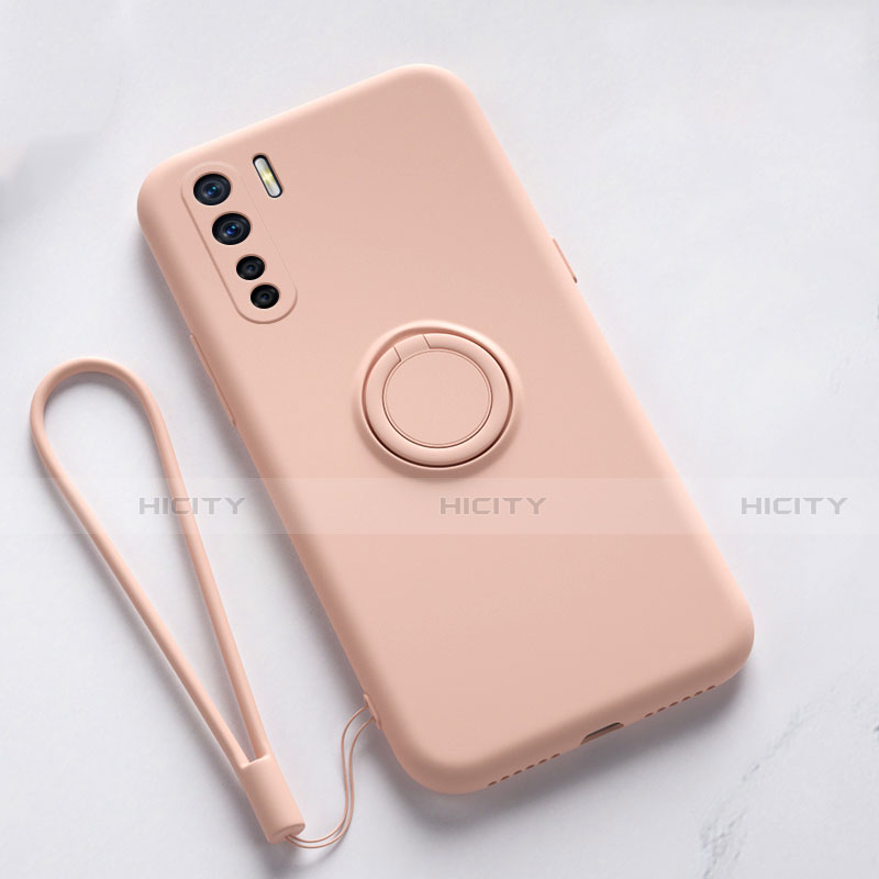 Custodia Silicone Ultra Sottile Morbida Cover con Magnetico Anello Supporto T03 per Oppo F15 Rosa