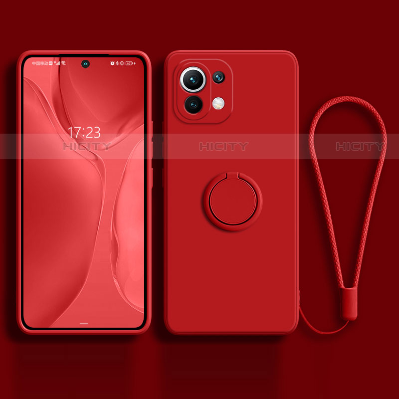 Custodia Silicone Ultra Sottile Morbida Cover con Magnetico Anello Supporto T03 per Xiaomi Mi 11 5G Rosso