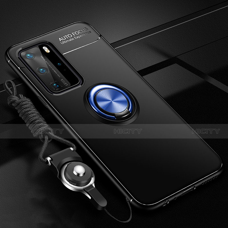 Custodia Silicone Ultra Sottile Morbida Cover con Magnetico Anello Supporto T04 per Huawei P40 Pro Blu e Nero