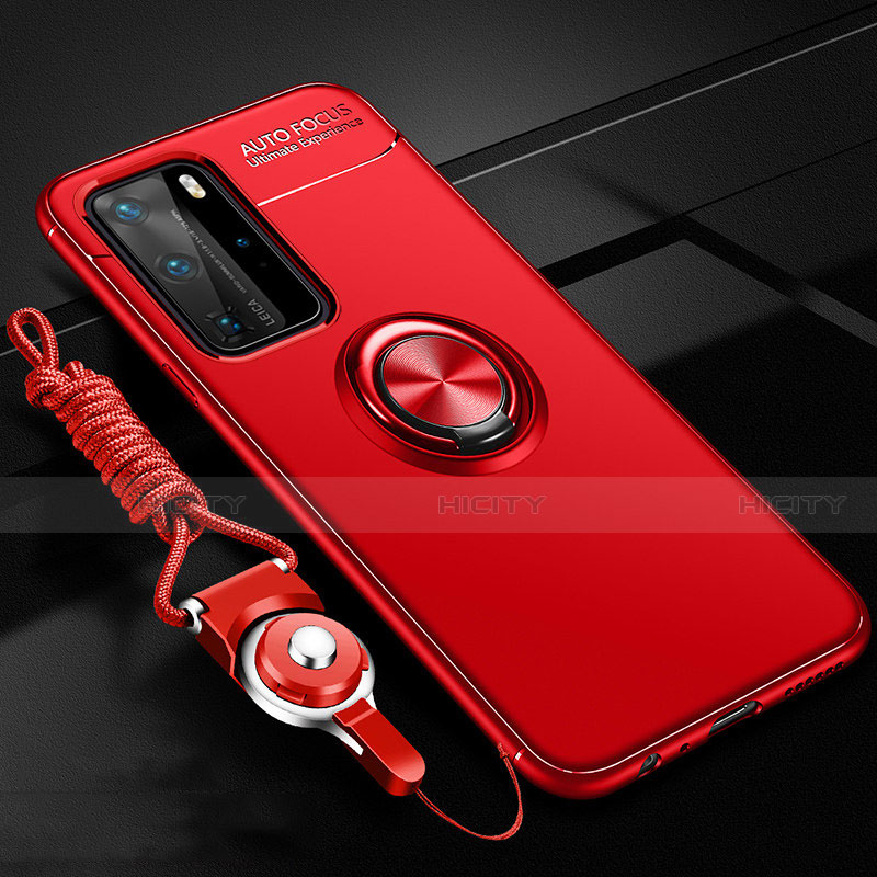 Custodia Silicone Ultra Sottile Morbida Cover con Magnetico Anello Supporto T04 per Huawei P40 Pro Rosso