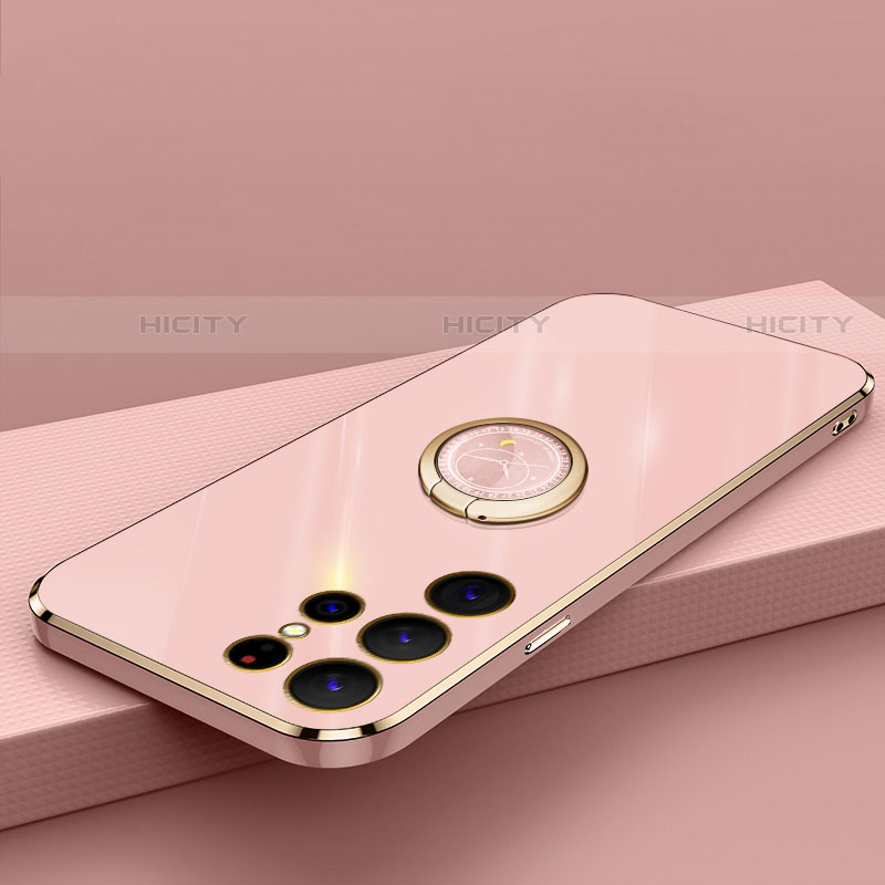 Custodia Silicone Ultra Sottile Morbida Cover con Magnetico Anello Supporto T04 per Samsung Galaxy S21 Ultra 5G Oro Rosa