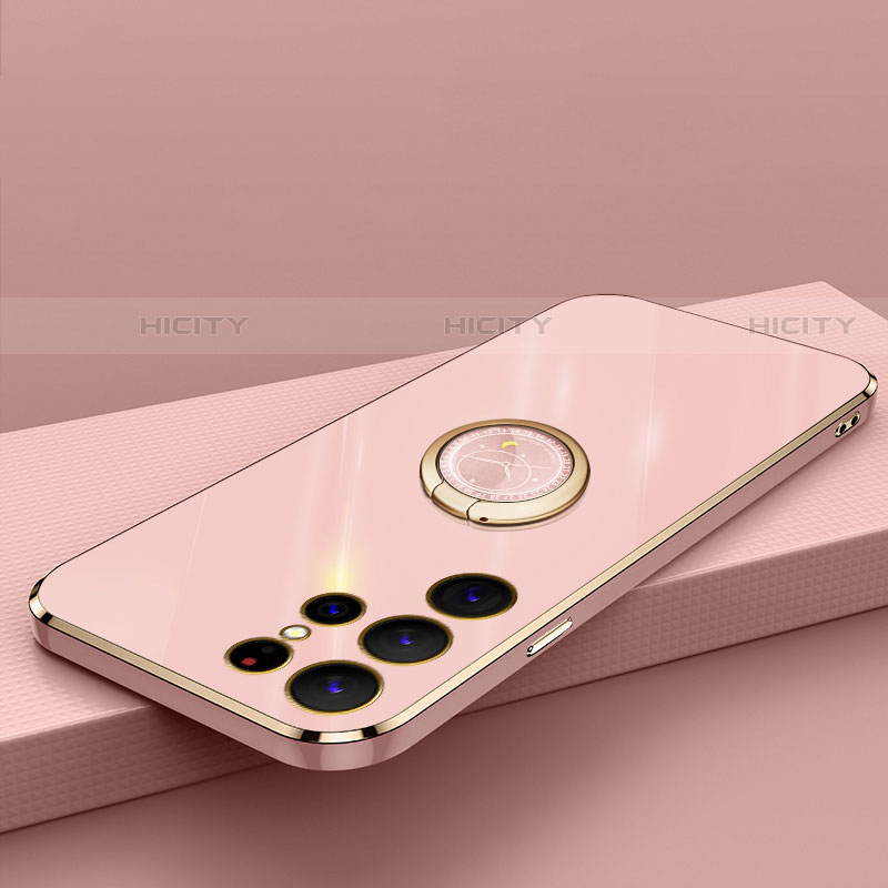 Custodia Silicone Ultra Sottile Morbida Cover con Magnetico Anello Supporto T04 per Samsung Galaxy S22 Ultra 5G Oro Rosa