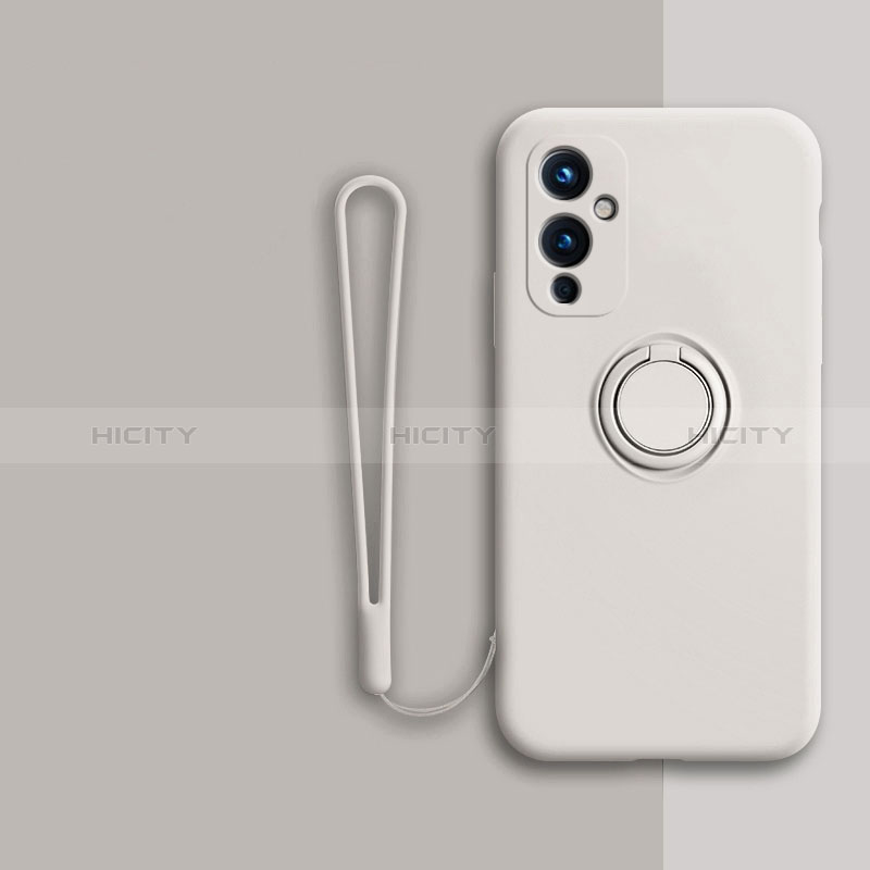 Custodia Silicone Ultra Sottile Morbida Cover con Magnetico Anello Supporto Z01 per OnePlus 9 5G Bianco